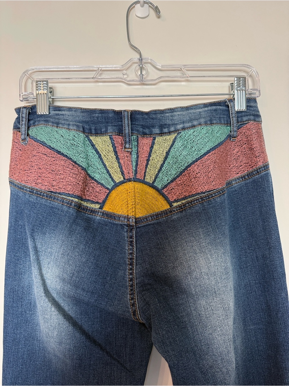 Wisteria Lane Sunrise Embroidered Flare Bell Bottom Jeans Boho Sunburst